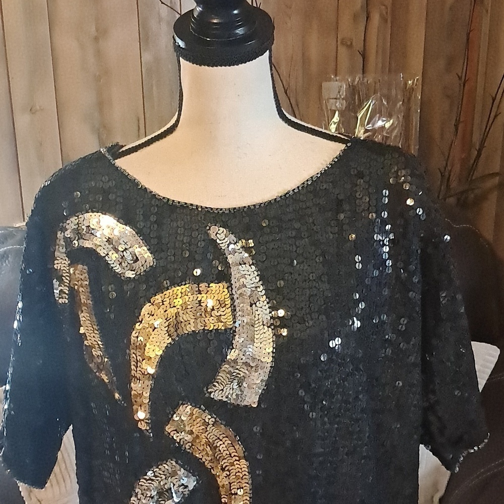 Vintage Cee Cee Sequin Embellished Short Sleeve Silk Top Size 20 Holiday Party - Picture 2 of 8